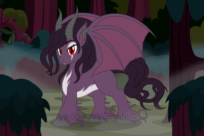 2022 badumsquish bat_pony bat_wings bedroom_eyes clothing coat demon equid eyelashes fetlocks fog forest fur girly grin hair hi_res horn inner_ear_fluff long_hair long_mane looking_at_viewer male mammal membrane_(anatomy) membranous_wings monster multicolored_body multicolored_clothing multicolored_coat multicolored_fur multicolored_topwear my_little_pony narrowed_eyes plant popobawa pupils red_eyes seductive slit_pupils smile solo spread_wings topwear tree tuft two_tone_body two_tone_clothing two_tone_coat two_tone_fur two_tone_topwear wings