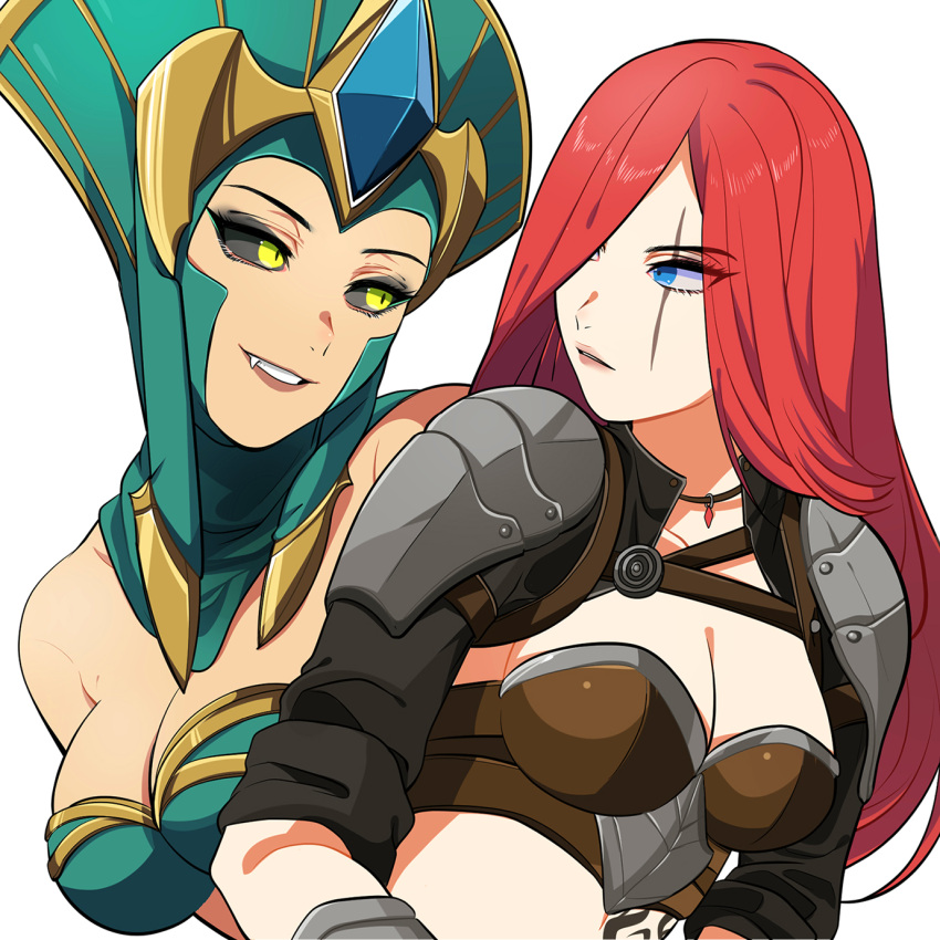 2girls bangs bare_shoulders black_sclera breasts cassiopeia_(league_of_legends) cleavage colored_sclera fang green_eyes green_headwear hair_over_one_eye highres hiyari_(hiyarilol) katarina_(league_of_legends) lamia large_breasts league_of_legends long_hair looking_at_another monster_girl multiple_girls red_hair scar scar_across_eye scar_on_face shiny shiny_hair siblings simple_background sisters stomach_tattoo tattoo teeth upper_body white_background yellow_eyes