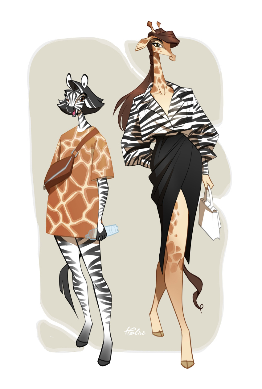 2022 absurd_res animal_print anthro brown_eyes cloven_hooves duo equid equine eyebrows eyelashes female fur giraffe giraffid hair handbag hi_res holivi hooves long_hair looking_at_viewer mammal open_mouth short_hair striped_body striped_fur stripes water_bottle zebra