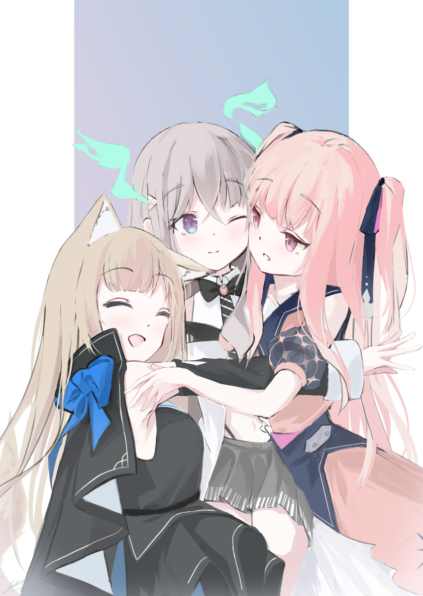 3girls absurdres animal_ears black_bow black_bowtie black_cape black_dress blonde_hair blue_bow bow bowtie breasts cape celia_1315 dragon_girl dragon_horns dress eyebrows_visible_through_hair fox_ears fox_girl grey_hair grey_skirt highres holographic_horns horns hoshifuri_iku hug ibuki_meno medium_breasts midriff multiple_girls one_eye_closed parted_lips pink_dress prism_project purple_eyes skirt smile tokimori_aoi two_side_up virtual_youtuber white_background