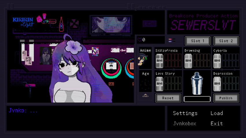 1girl black_eyes breasts colored_skin crossover expressionless flower long_hair oneshko original parody purple_flower sewerslvt small_breasts solo style_parody va-11_hall-a very_long_hair white_skin