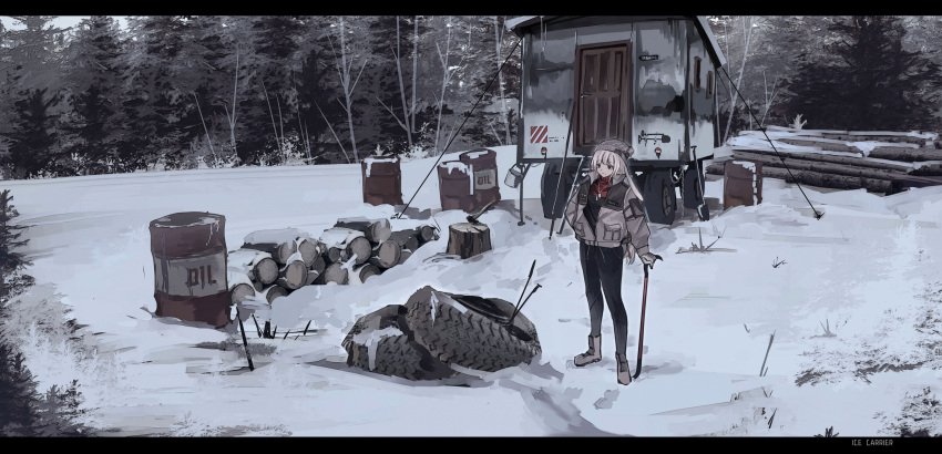 1girl axe beanie blonde_hair chinese_commentary commentary_request crowbar dog_tags drum_(container) eyebrows_visible_through_hair forest haguruma_c hand_in_pocket hat highres jacket log long_hair nature open_clothes open_jacket original red_eyes snow solo tire trailer viveka_(haguruma_c)