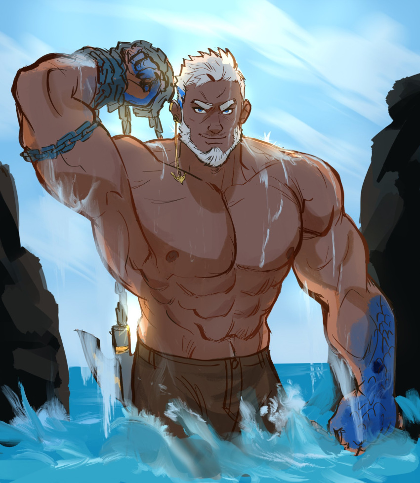 1boy abs aegir_(housamo) anchor aqua_hair bara beard blue_eyes boulder brown_pants bulge cowboy_shot dark-skinned_male dark_skin facial_hair fins highres holding holding_anchor large_pectorals looking_at_viewer male_focus mature_male multicolored_hair muscular muscular_male navel nipples onion_holic pants pectorals rock short_hair smile solo stomach streaked_hair tokyo_afterschool_summoners topless_male wading water wet white_hair