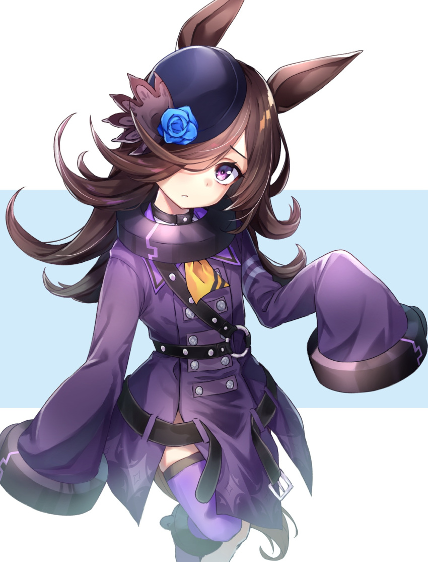 1girl animal_ears ankle_cuffs ascot belt belt_buckle blue_flower blue_headwear blue_rose brown_hair buckle buttons choker coat cosplay double-breasted flower hair_over_one_eye hat head_tilt highres hololive horse_ears horse_girl horse_tail la+_darknesss la+_darknesss_(cosplay) long_hair looking_at_viewer m.tokotsu o-ring_belt parted_lips purple_coat purple_eyes purple_legwear rice_shower_(umamusume) rose single_thighhigh sleeves_past_fingers sleeves_past_wrists solo tail thighhighs umamusume yellow_ascot
