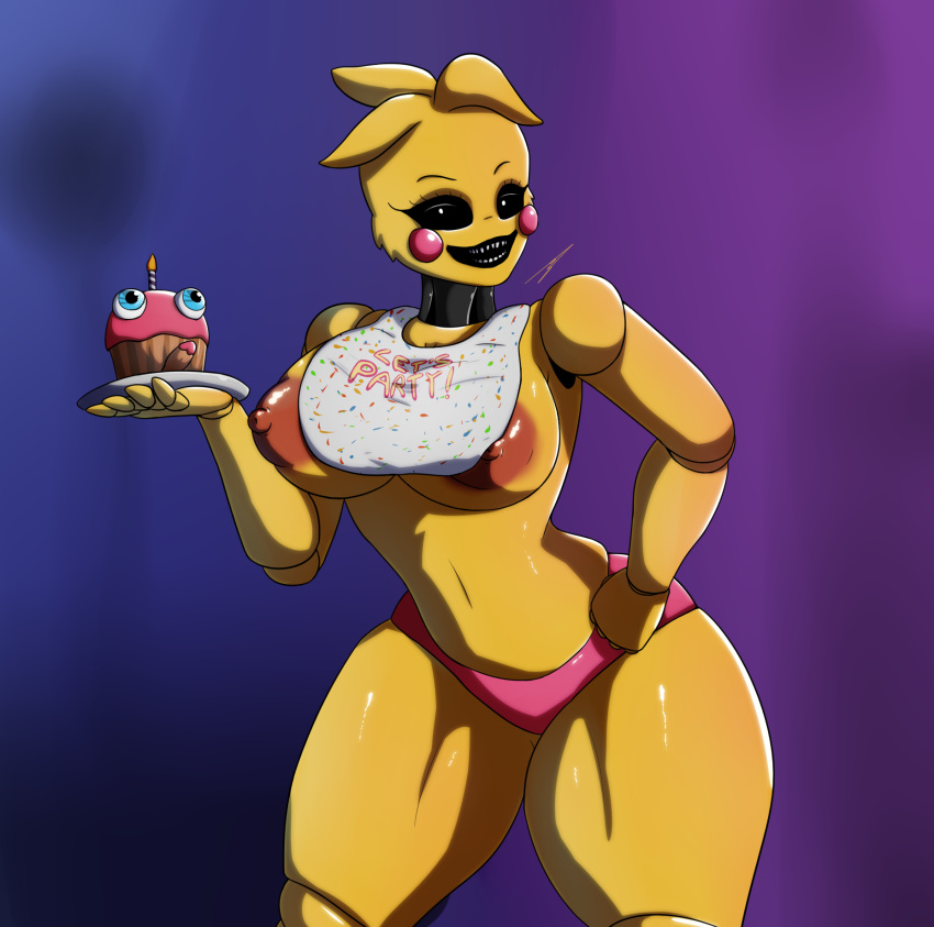 2019 animatronic anthro areola areola_slip avian bib big_breasts bird black_sclera blonde_hair breasts chicken clothing cupcake_(fnaf) curvy_figure digital_media_(artwork) eyelashes female fingers five_nights_at_freddy's five_nights_at_freddy's_2 galliform gallus_(genus) genitals glistening glistening_body gradient_background hair hand_on_hip hb-viper hi_res looking_at_viewer machine nipple_slip panties penis phasianid pupils robot scottgames sharp_teeth short_hair signature simple_background smile solo standing teeth thick_thighs toy_chica_(fnaf) underwear video_games voluptuous white_pupils wide_hips yellow_body yellow_skin