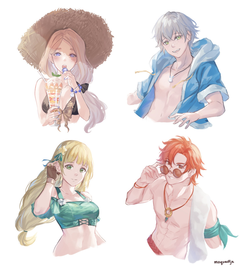 2boys 2girls :d absurdres alternate_costume ashe_ubert bangs bikini bikini_top_only black_bikini blonde_hair blue_eyes blunt_bangs blush breasts brown_bikini brown_eyes brown_gloves brown_headwear cleavage closed_mouth collarbone cropped_torso fingerless_gloves fire_emblem fire_emblem:_three_houses fire_emblem_heroes flower gloves green_bikini green_eyes green_ribbon grey_eyes hair_flower hair_ornament hair_over_shoulder hair_ribbon hat highres holding hood hood_down hooded_jacket ingrid_brandl_galatea jacket long_hair looking_at_viewer low-tied_long_hair medium_breasts mercedes_von_martritz moja_(rainpoow) multiple_boys multiple_girls official_alternate_costume open_clothes open_jacket open_mouth orange-tinted_eyewear orange_hair parted_bangs red-framed_eyewear ribbon round_eyewear shiny shiny_hair short_hair short_sleeves silver_hair simple_background smile straw_hat sun_hat sunglasses swimsuit sylvain_jose_gautier tinted_eyewear very_long_hair white_background yellow_flower