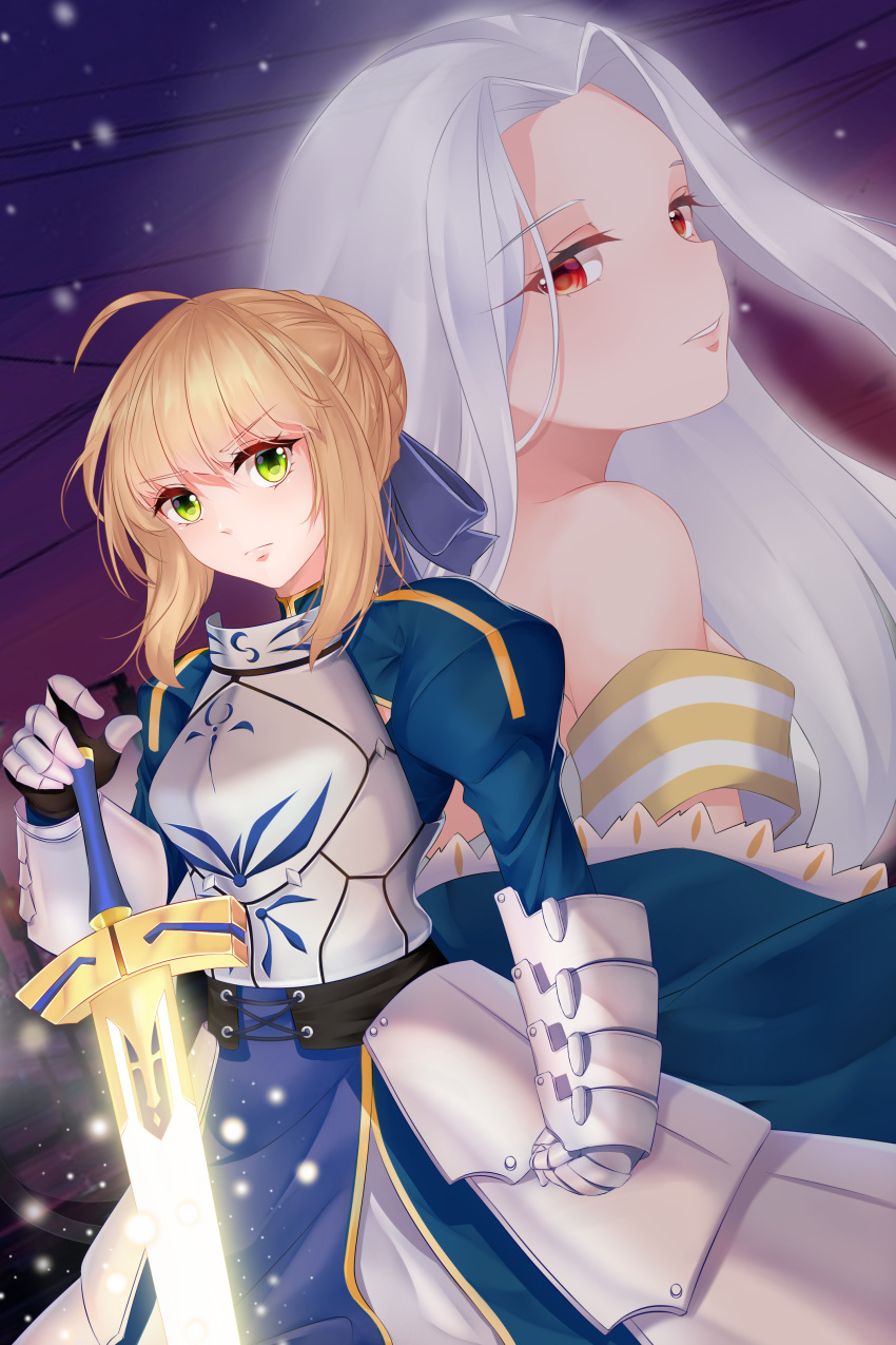 2girls absurdres ahoge armor armored_dress artoria_pendragon_(fate) blonde_hair excalibur_(fate/stay_night) fate/zero fate_(series) faulds gauntlets green_eyes hair_bun highres irisviel_von_einzbern long_hair multiple_girls red_eyes saber sd4869 sidelocks sword weapon white_hair