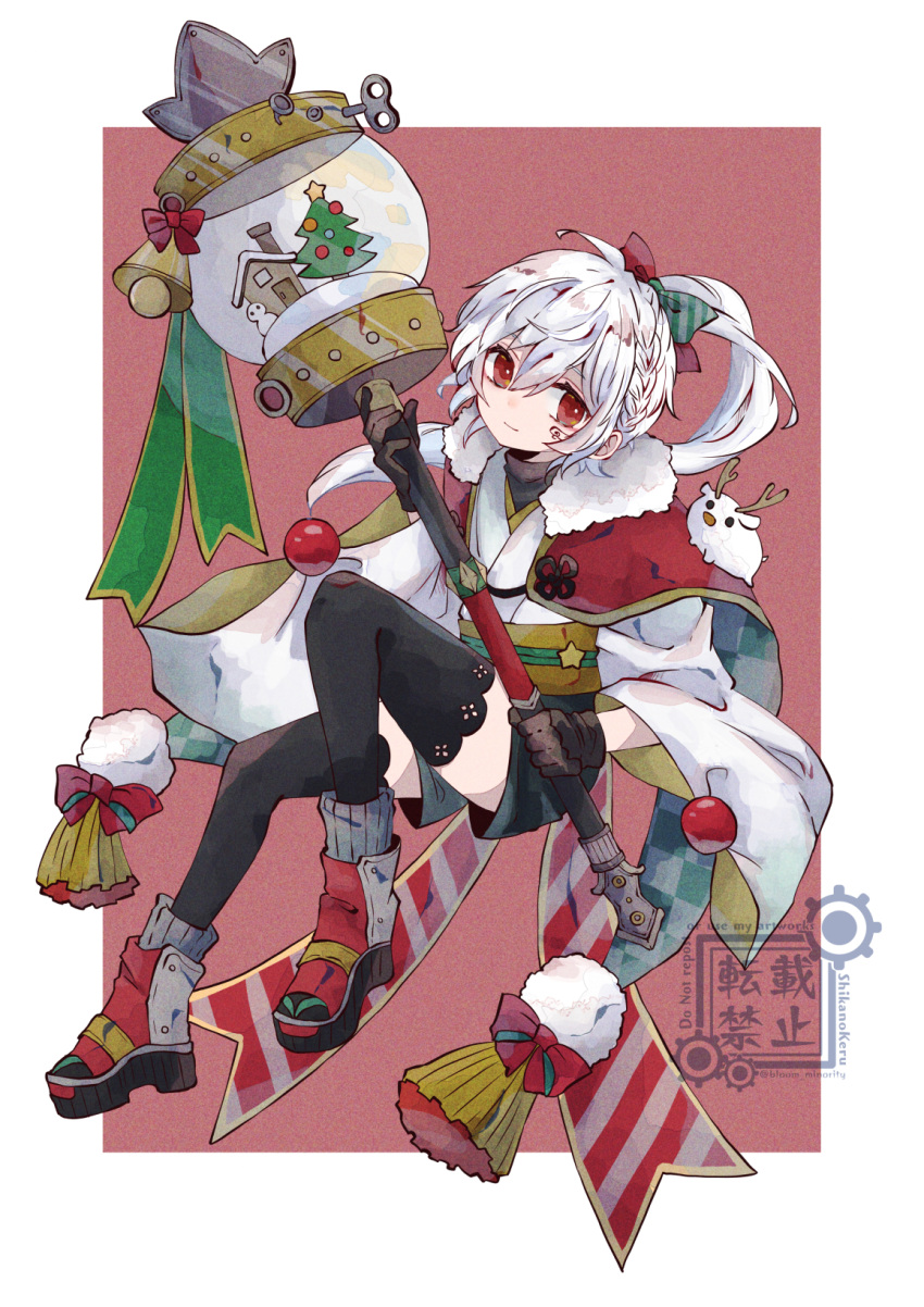 1girl bloomminority christmas christmas_tree fantasy highres original pale_skin ponytail red_eyes reindeer short_shorts shorts snow snow_globe solo steampunk thighhighs white_hair