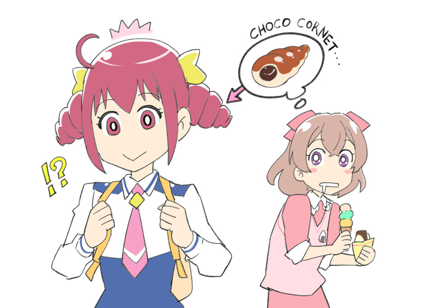 !? ahoge backpack bag brown_hair chocolate_cornet delicious_party_precure drill_hair drooling food highres hoshizora_miyuki ice_cream ice_cream_cone nagomi_yui nanairogaoka_middle_school_uniform necktie pink_eyes pink_hair pink_necktie precure purple_eyes school_uniform shirt short_hair simple_background smile smile_precure! thought_bubble triple_scoop twin_drills ueyama_michirou white_background white_shirt