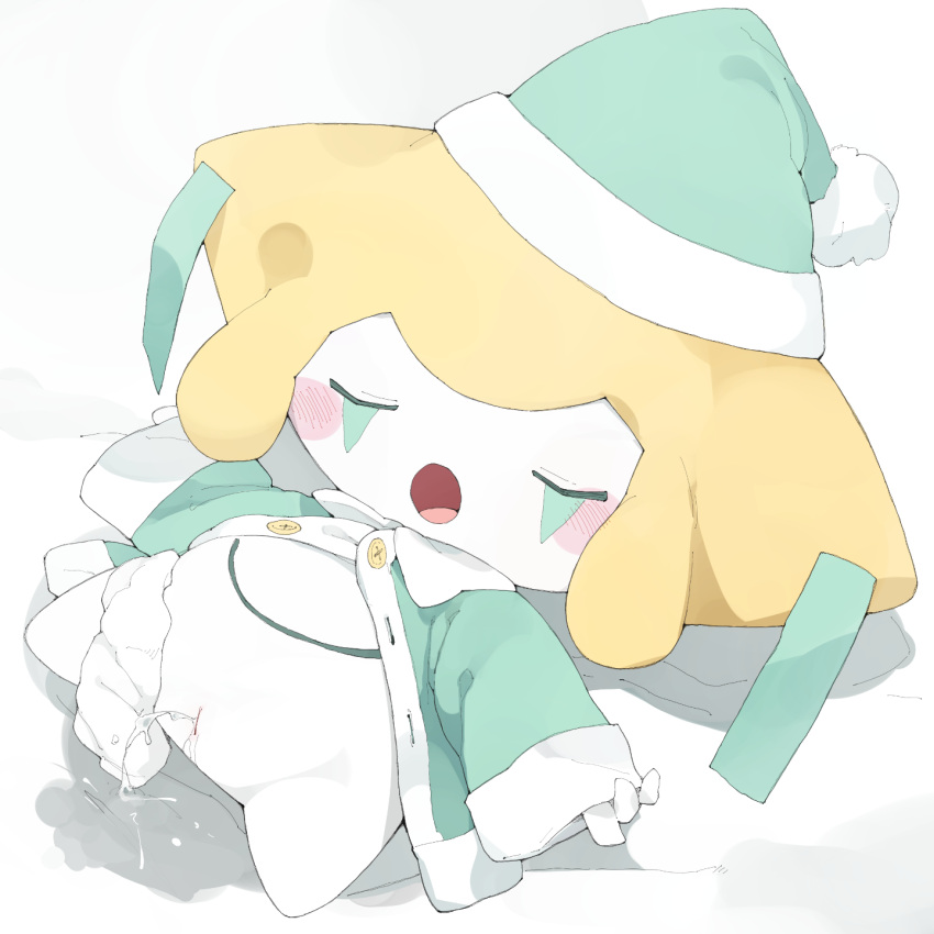 1:1 2021 blush bodily_fluids clothed_female clothing clothing_aside digital_media_(artwork) ejaculation eyes_closed female genital_fluids genitals green_clothing green_hat green_headwear green_topwear hat headgear headwear hi_res jirachi legendary_pok&eacute;mon lying nintendo no_pants not_furry on_back open_mouth orgasm panties panties_around_one_leg panties_aside pok&eacute;mon pok&eacute;mon_(species) pussy pussy_ejaculation pussy_juice shaded simple_background simple_shading sleeping solo tongue topwear underwear underwear_around_one_leg underwear_aside video_games wet_dream white_background white_body white_panties youjomodoki