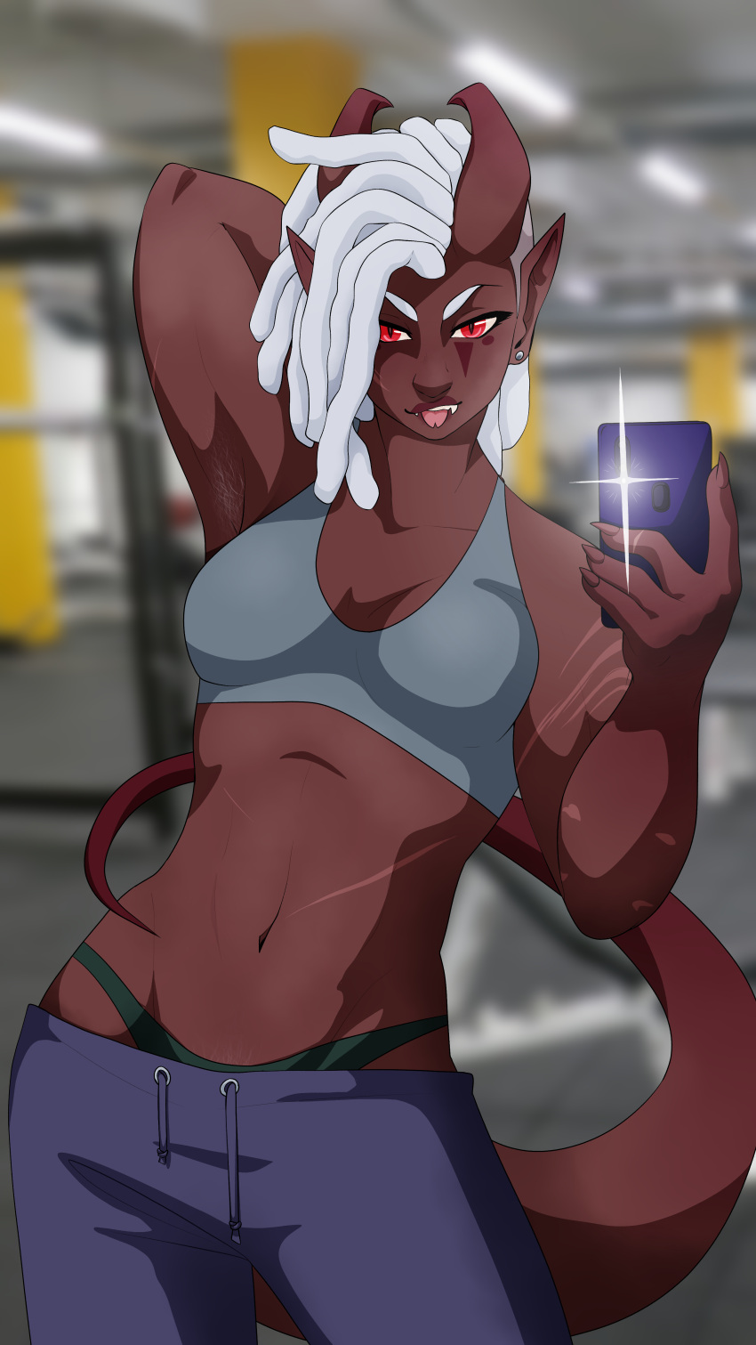 absurd_res armpit_hair athletic athletic_female bedroom_eyes body_hair bra breasts clothing dark_body dark_skin dreadlocks dungeons_and_dragons erroremma fangs female forked_tongue gym_clothing hair hasbro hi_res horn humanoid humanoid_pointy_ears medium_breasts nails narrowed_eyes not_furry pubes red_eyes scar seductive sharp_nails solo sports_bra suggestive sweatpants tail tiefling tongue underwear vixi_(erroremma) white_hair wizards_of_the_coast