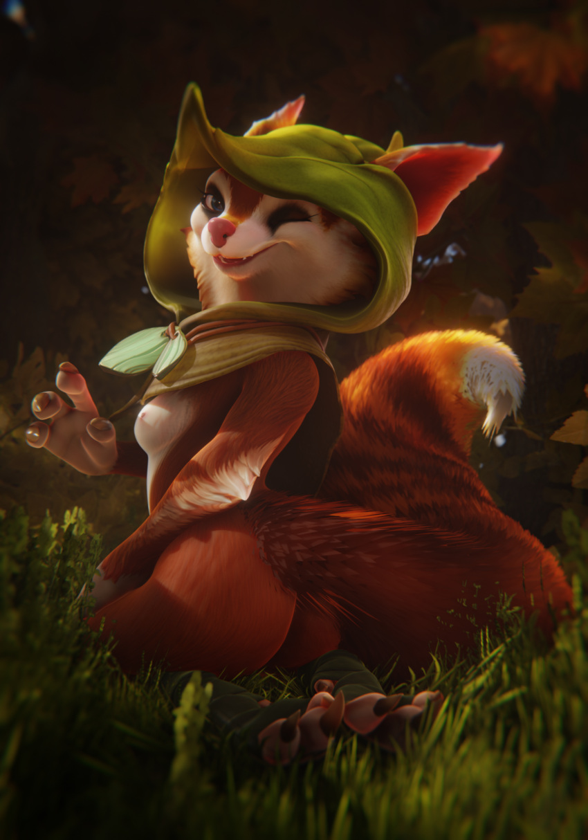 3d_(artwork) 4_fingers 7:10 anthro bandage big_ears breasts cape clothing digital_media_(artwork) dota feet female fingers forest forest_background fur grass hi_res hood hoodwink_(dota) mammal nature nature_background one_eye_closed plant red_body red_fur rodent sciurid sitting smile solo tail_tuft toes tree tree_squirrel tuft video_games vlad-lox white_body wink