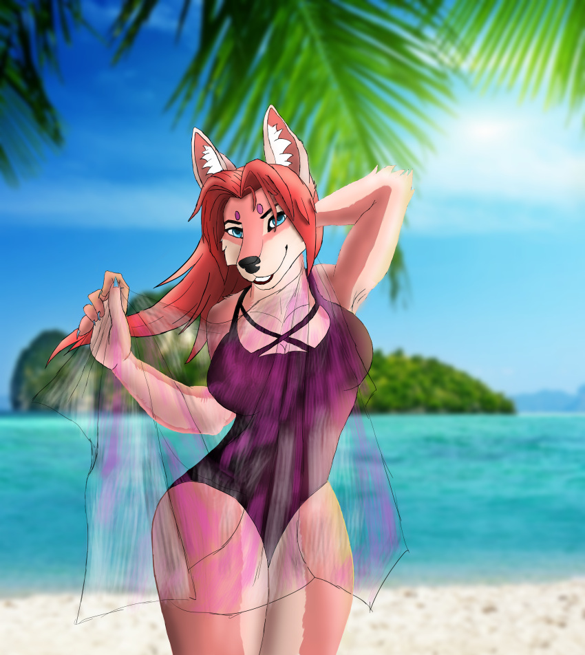 absurd_res anthro beach bikini bitchsuit bondage_gear canid canine canis clothed clothing cloud digital_media_(artwork) female fur hi_res invalid_tag island jackal landscape looking_at_viewer lucareelo mammal mature_female naughty_face outside pinup plant pose sand seaside silk sky smile softshade solo swimwear translucent tree water