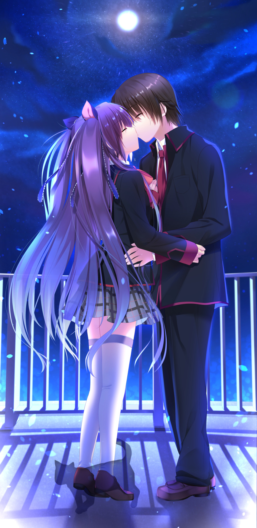 1boy 1girl absurdres black_hair black_jacket black_pants blue_hair brown_footwear cat closed_eyes collared_shirt couple from_side full_body full_moon gradient_hair grey_skirt hair_ribbon hand_on_another's_hip hetero highres jacket kiss little_busters! loafers long_hair long_sleeves miniskirt moon multicolored_hair naoe_riki necktie night night_sky open_clothes open_jacket otou_(otou_san) pants pleated_skirt purple_hair purple_ribbon red_necktie ribbon sasasegawa_sasami school_uniform shiny shiny_hair shirt shoes short_hair skirt sky thighhighs very_long_hair white_legwear wing_collar zettai_ryouiki