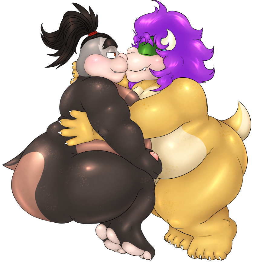 absurd_res alternate_universe anthro belly big_belly big_butt blush brown_body brown_countershading brown_skin butt claws countershading cute_fangs duo embrace eyes_closed fan_character fangs feet freckles hair handjob hi_res horn huge_butt kissing koopa koopaling lying madrik male male/male mario_bros moobs morton_koopa_jr. nintendo nood1e obese obese_anthro obese_male on_side orange_eyes overweight overweight_anthro overweight_male pawpads paws penile ponytail scalie sex shaded simple_background slightly_chubby tan_body tan_countershading thick_thighs toes video_games white_background yellow_body yellow_skin