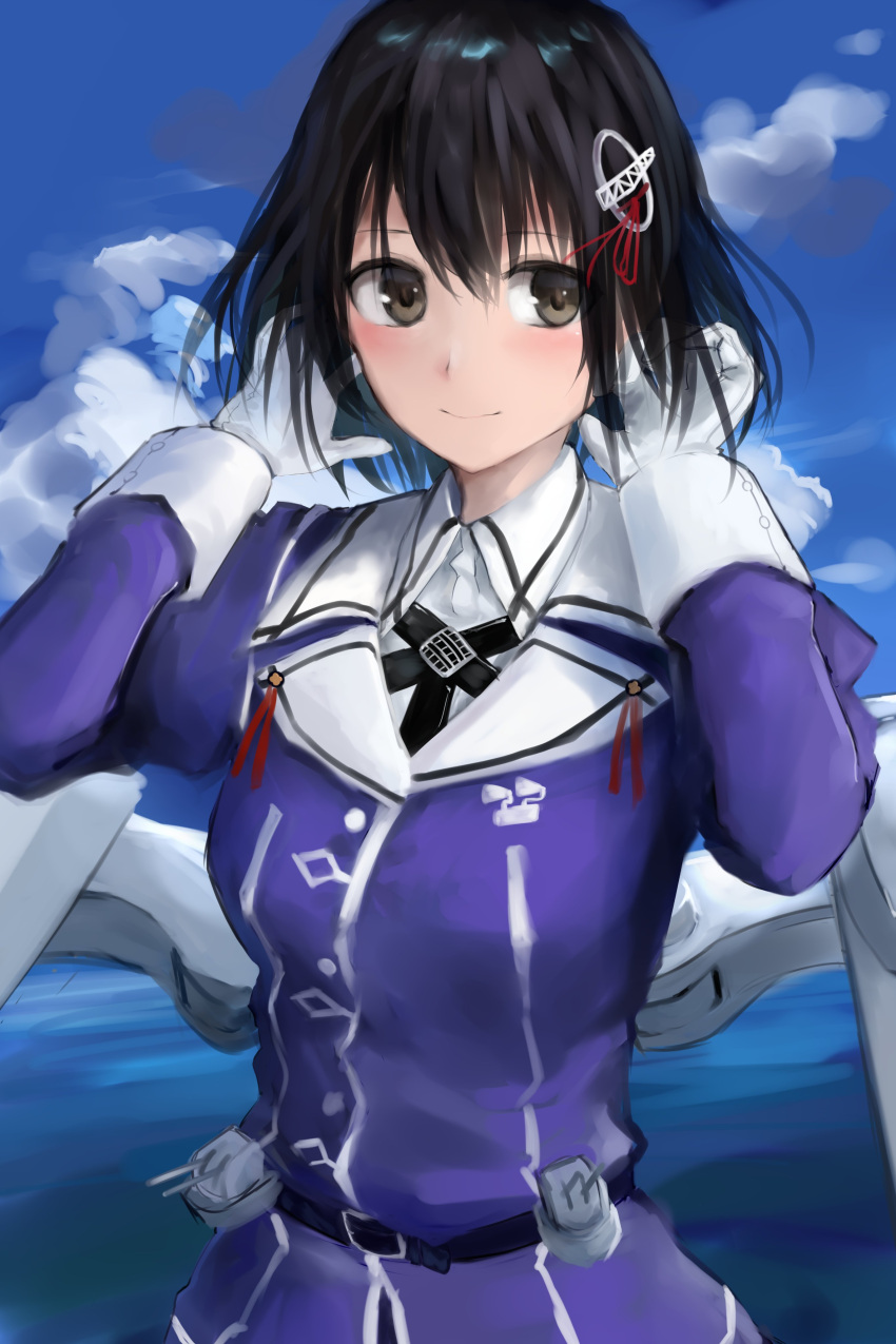 1girl 73suke absurdres anti-aircraft anti-aircraft_gun belt black_hair black_neckwear blue_sky breasts brown_eyes cloud cloudy_sky collared_shirt day eyebrows_visible_through_hair gloves haguro_(kancolle) hair_between_eyes hair_ornament highres jacket kantai_collection long_sleeves looking_at_viewer medium_breasts military military_uniform neckerchief ocean outdoors purple_jacket remodel_(kantai_collection) rigging shirt short_hair sky smile solo standing uniform white_gloves
