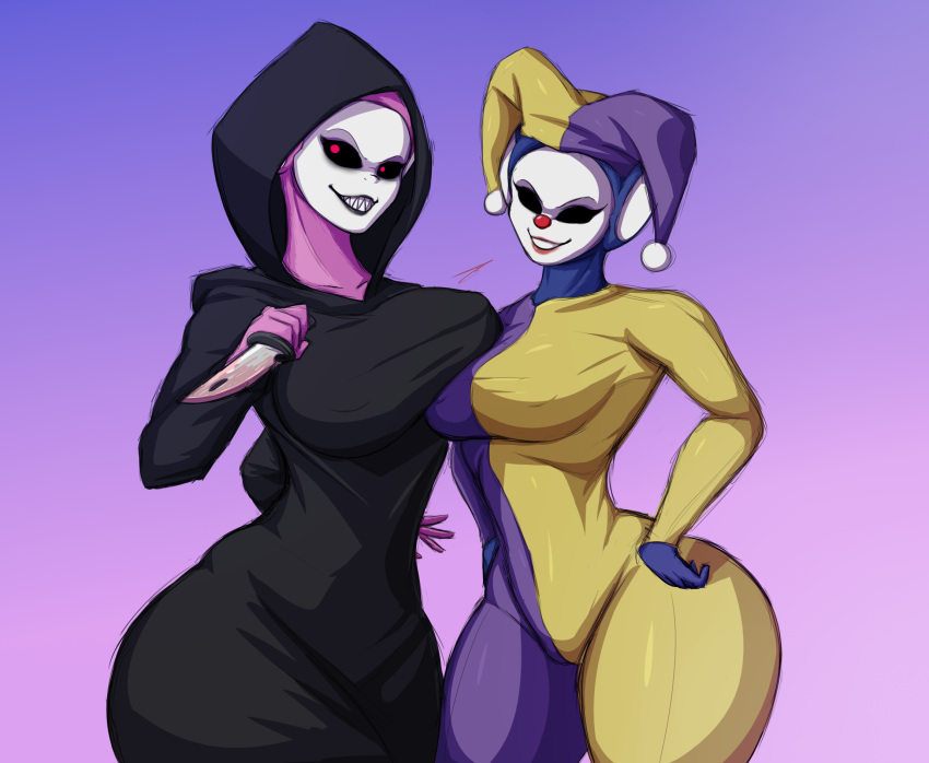 2019 big_breasts black_sclera blood blue_body blue_fur bodily_fluids bodysuit breast_squish breasts clothing clown clown_nose curvy_figure digital_media_(artwork) duo eyelashes fan_character female fingers fool's_hat fur grey_body grey_skin hand_on_hip hat hb-viper headgear headwear hi_res hoodie humanoid jester knife looking_at_viewer multicolored_body nipple_outline not_furry pink_background pink_body pink_fur pupils red_pupils sharp_teeth signature simple_background skinsuit slendytubbies smile squish teeth teletubby thick_thighs tight_clothing topwear two_tone_body voluptuous wide_hips