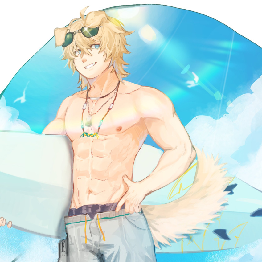 animal_ears arknights blonde_hair blue_eyes dog_ears eyewear_on_head highres jewelry necklace surfboard tail tequila_(arknights) topless_male water_drop wet wet_clothes