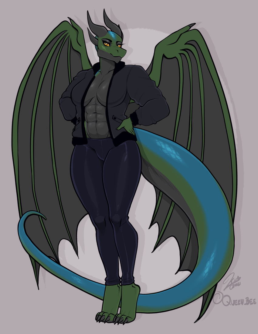 abs absurd_res anthro breasts clothed clothing digitigrade dragon female hi_res hiddenwolf iryx jacket leggings legwear open_clothing open_jacket open_topwear solo topwear wings