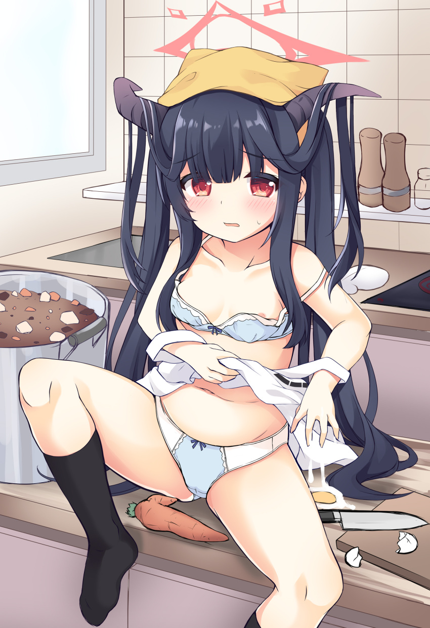 1girl absurdres apron bangs bare_arms bare_shoulders belly black_hair black_legwear blue_archive blue_bra blue_panties bow bow_bra bow_panties bra breasts collarbone commentary_request counter eyebrows_visible_through_hair food frilled_apron frills fuuka_(blue_archive) halo head_scarf highres horns indoors kitchen knee_up long_hair looking_at_viewer nearly_naked_apron no_shoes on_counter panties parted_lips pot red_eyes sakuraba_hikaru_(loveindog) small_breasts socks solo stew twintails underwear very_long_hair wavy_mouth white_apron window