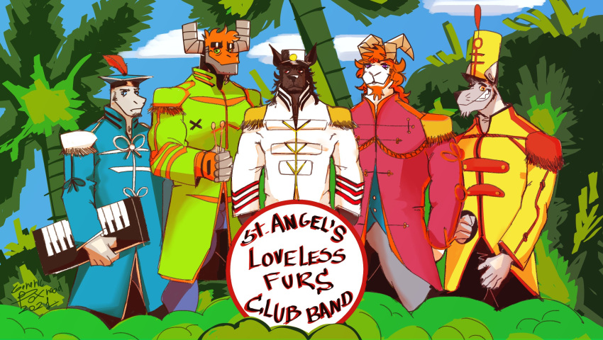anthro black_hair blue_clothing bovid bovine canid canine canis caprine cattle clothing genericboxhead goat green_clothing group hair hat headgear headwear hi_res horn machine male mammal orange_hair outside palm_tree parody plant red_clothing robot scalie sgt._pepper's_lonely_hearts_club_band standing the_beatles tree uniform white_body white_clothing wolf yellow_clothing