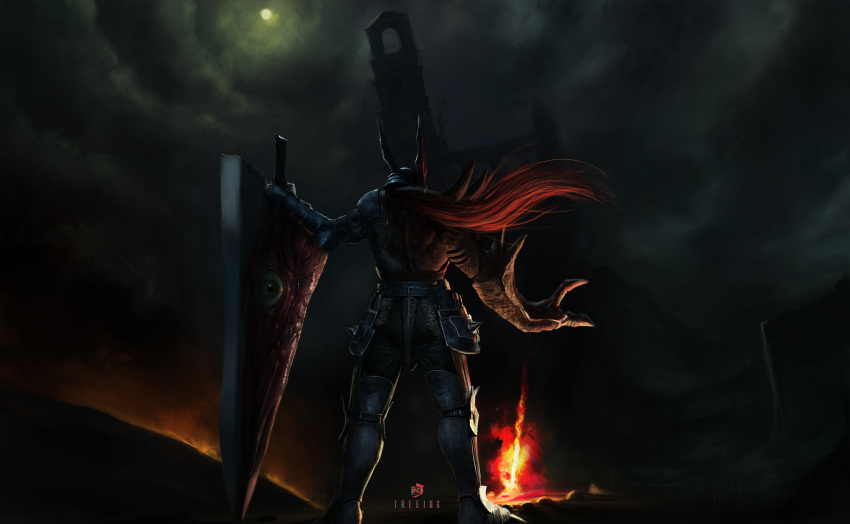 1boy absurdres bonfire_(dark_souls) cloud cloudy_sky crossover dark_souls_(series) english_commentary fantasy fire helmet highres holding holding_sword holding_weapon night night_sky nightmare_(soulcalibur) open_hand pun red_hair scenery sky solo soulcalibur soulcalibur_(weapon) sword treeink weapon