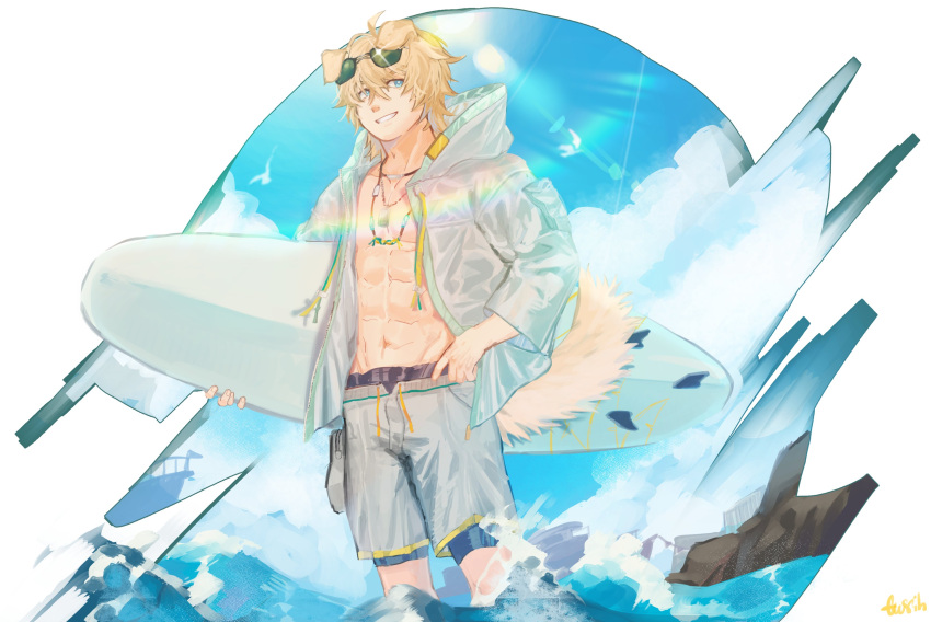 absurdres animal_ears arknights blonde_hair blue_eyes dog_ears eyewear_on_head highres jewelry necklace surfboard tail tequila_(arknights) wet wet_clothes