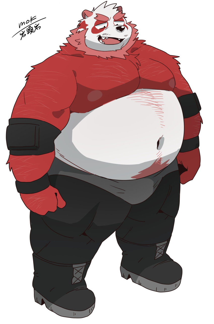 2022 anthro belly black_nose bulge giant_panda hi_res humanoid_hands kemono male mammal moobs navel nipples overweight overweight_male red_body simple_background solo uokkom ursid white_background white_body