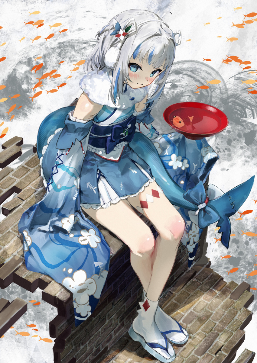 1girl absurdres bangs blue_eyes blue_hair blue_kimono blush closed_mouth commentary_request crossed_ankles fish fish_tail full_body fur_collar gawr_gura hair_ornament highres hirooriginals hololive hololive_english japanese_clothes kimono long_sleeves looking_at_viewer multicolored_hair obi sandals sash shark_tail short_hair shrimp silver_hair sitting sleeves_past_fingers sleeves_past_wrists socks solo streaked_hair tail two_side_up virtual_youtuber white_legwear