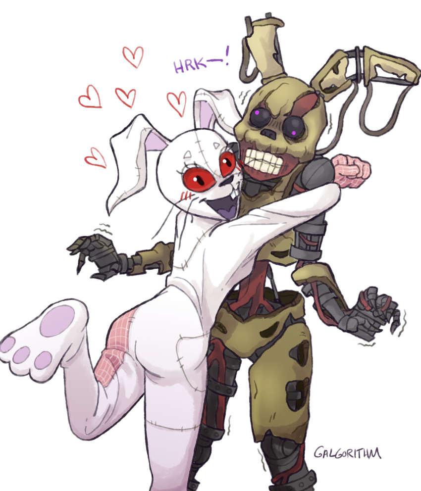 &lt;3 2022 absurd_res animatronic anthro black_sclera buckteeth burntrap_(fnaf) butt clenched_teeth clothing costume cybernetics cyborg derp_eyes duo embrace exposed_endoskeleton female five_nights_at_freddy's five_nights_at_freddy's:_security_breach forced galgorithm gore green_body hi_res hug human humor lagomorph leporid long_ears machine male male/female mammal mask rabbit red_eyes red_sclera robot scottgames signature simple_background springtrap_(fnaf) steel_wool_studios teeth uncomfortable undead vanny_(fnaf) video_games white_background white_body william_afton_(fnaf)