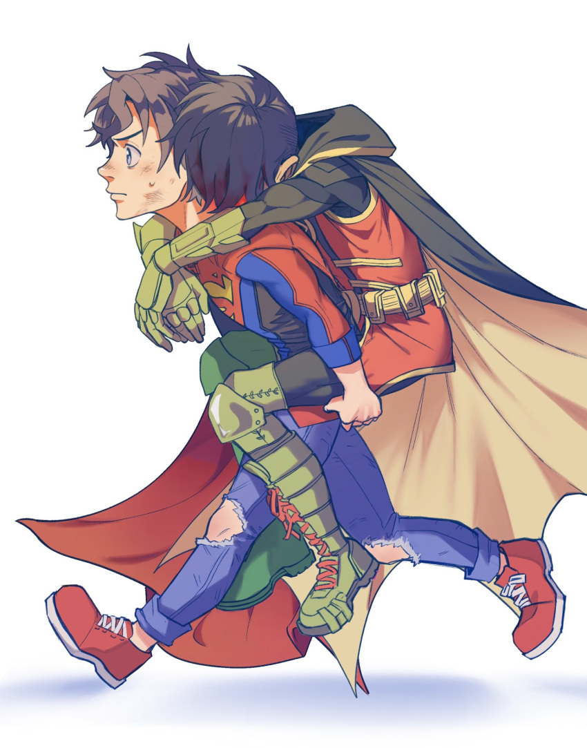 2boys batman_(series) black_hair blue_eyes cape child damian_wayne dc_comics denim endure_gif english_commentary gloves green_footwear green_gloves highres jeans jonathan_kent lifted_by_another multiple_boys pants red_footwear resting short_hair simple_background superhero superman_(series)