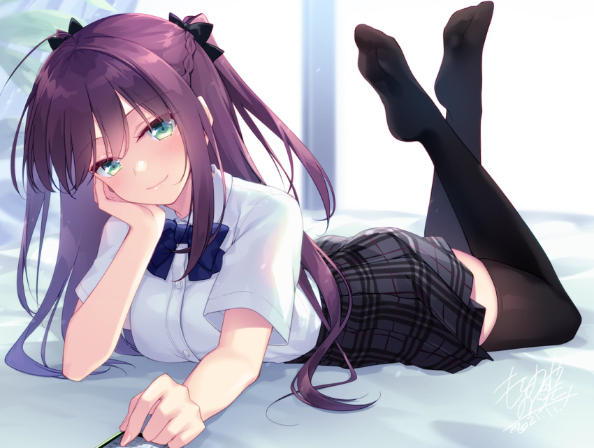 1girl bangs bed_sheet black_bow black_legwear blue_bow bow braid breasts cellphone closed_mouth collared_shirt commentary_request dated dress_shirt eyebrows_visible_through_hair green_eyes grey_skirt hair_bow legs_up long_hair looking_at_viewer lying medium_breasts motomiya_mitsuki no_shoes on_stomach original phone plaid plaid_skirt pleated_skirt purple_hair shirt short_sleeves signature skirt smile soles solo thighhighs two_side_up very_long_hair white_shirt
