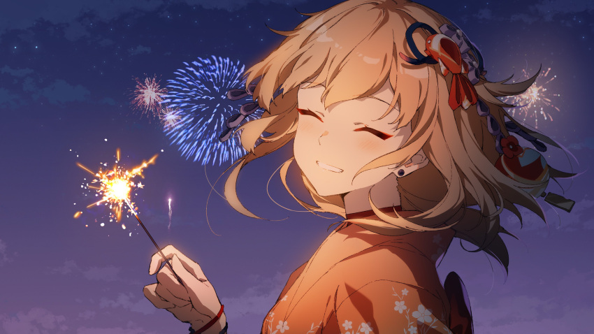 1girl ^_^ ^o^ absurdres alternate_hairstyle blonde_hair blush choker closed_eyes earrings fireworks floral_print genshin_impact hair_down hair_ornament happy highres holding_fireworks japanese_clothes jewelry kimono looking_at_viewer makeup mascara medium_hair night night_sky orange_kimono pov scenery sky slyvia smile solo sparkler teeth yoimiya_(genshin_impact) yukata