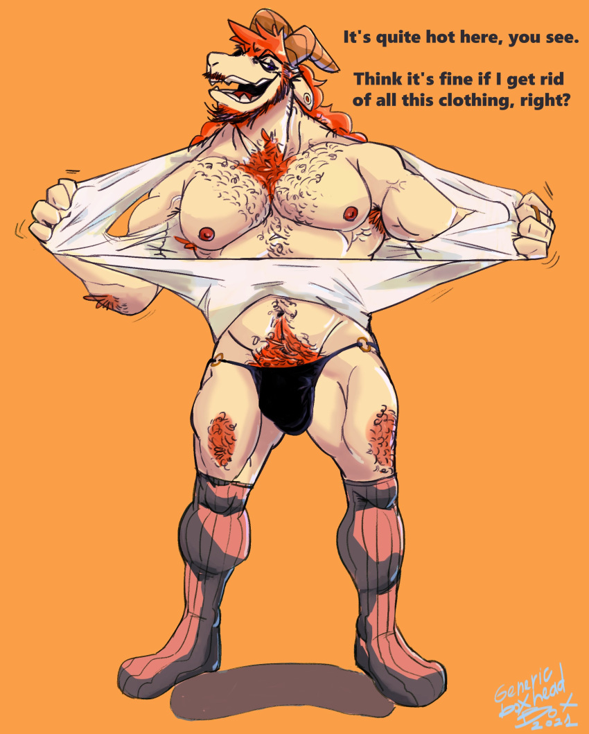 absurd_res anthro armpit_hair beard body_hair bovid bulge caprine chest_hair clothing english_text facial_hair footwear genericboxhead goat hair hi_res horn male mammal muscular muscular_anthro muscular_male nipples orange_hair pecs pubes shirt socks solo text thong topwear underwear undressing