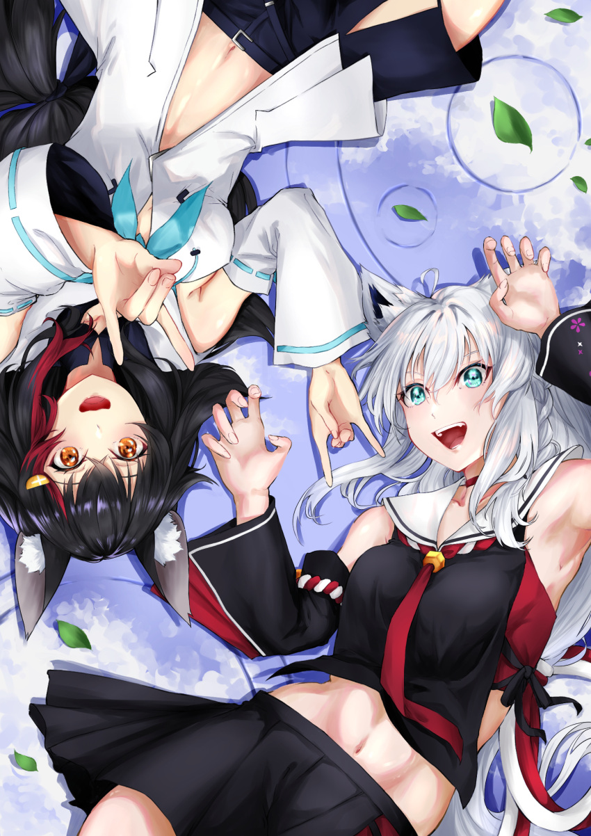 2girls ahoge animal_ear_fluff animal_ears armpits asahi_tsujino bangs black_hair black_shirt black_shorts black_skirt blue_neckerchief braid breasts claw_pose commentary_request cosplay costume_switch crop_top detached_sleeves double_fox_shadow_puppet eyebrows_visible_through_hair fox_ears fox_girl fox_shadow_puppet green_eyes hair_between_eyes highres hololive hood hoodie long_hair looking_at_viewer lying medium_breasts midriff multicolored_hair multiple_girls navel neckerchief necktie on_back ookami_mio ookami_mio_(cosplay) open_mouth red_hair red_necktie shirakami_fubuki shirakami_fubuki_(cosplay) shirt short_shorts shorts sidelocks single_braid skirt streaked_hair virtual_youtuber white_hair white_hoodie wolf_ears wolf_girl yellow_eyes