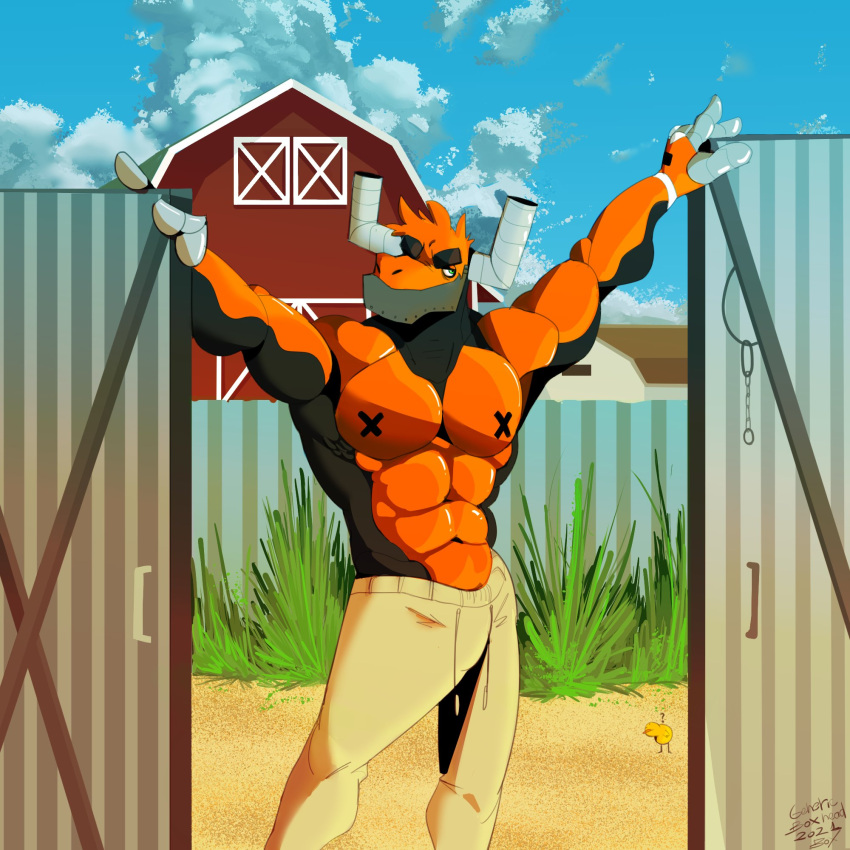 anthro barn bottomwear bovid bovine cattle clothed clothing cloud genericboxhead hi_res machine male mammal muscular muscular_anthro muscular_male nipples orange_body outside pants pecs robot sky solo topless