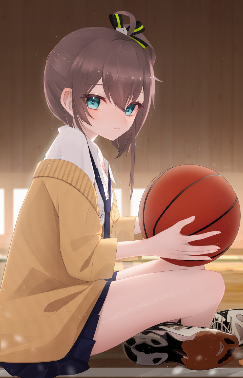 1girl absurdres ahoge ball bangs basketball blue_eyes blue_necktie blue_skirt brown_hair cardigan closed_mouth collared_shirt commentary_request crossed_legs eyebrows_visible_through_hair from_side hair_between_eyes hair_ornament hair_ribbon highres holding holding_ball hololive light_blush long_sleeves looking_at_viewer natsuiro_matsuri necktie open_clothes pleated_skirt ribbon school_uniform shirt shoes short_hair side_ponytail skirt solo thomas_8000 virtual_youtuber white_footwear white_shirt yellow_cardigan