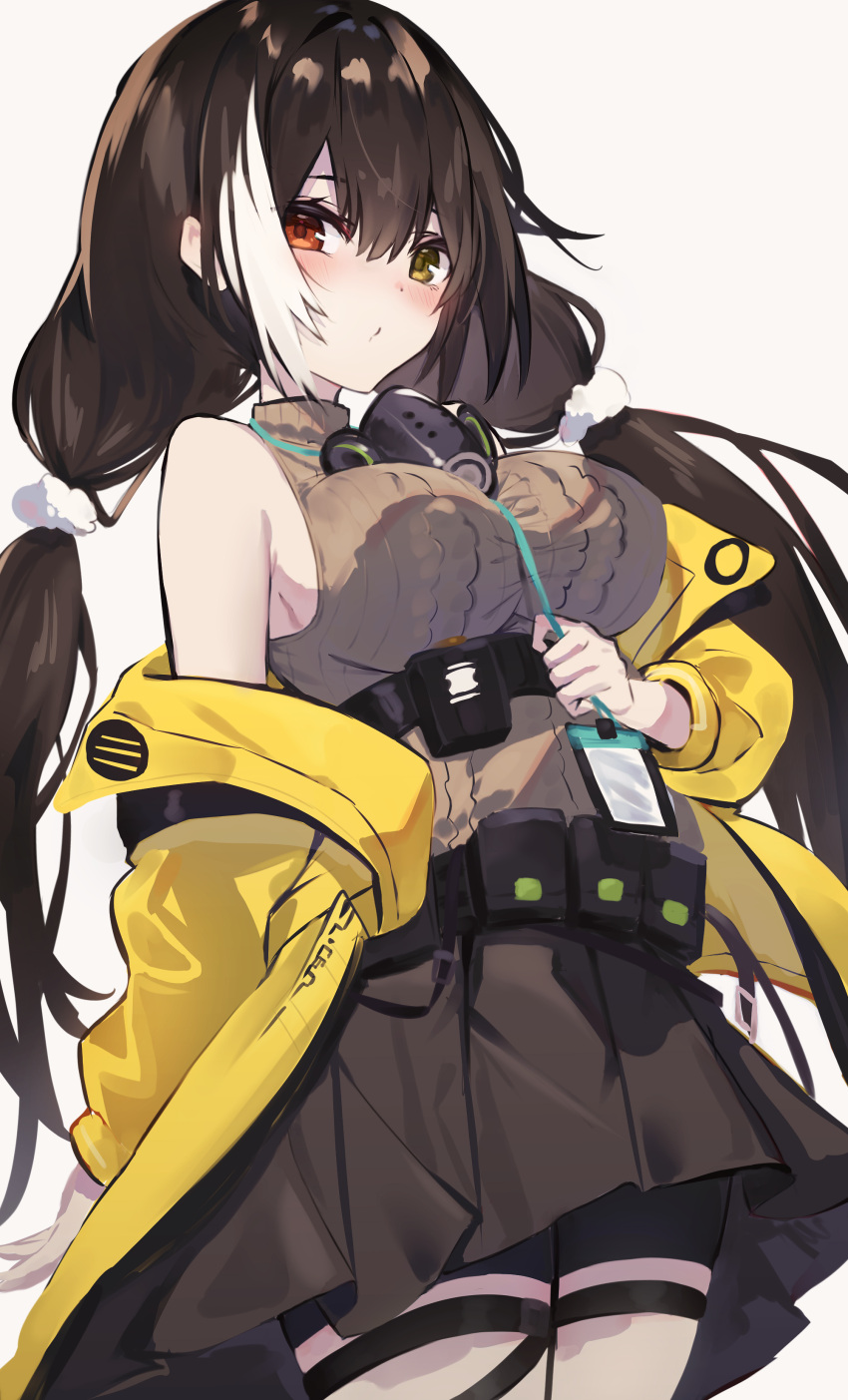 1girl absurdres bangs blush breasts brown_hair brown_skirt commentary_request cowboy_shot diieru gas_mask girls'_frontline hair_between_eyes heterochromia highres holding jacket large_breasts long_hair long_sleeves mask mask_around_neck multicolored_hair off_shoulder open_clothes open_jacket red_eyes ro635_(girls'_frontline) simple_background skirt sleeveless sleeveless_sweater solo standing streaked_hair sweater twintails white_background white_hair yellow_eyes yellow_jacket