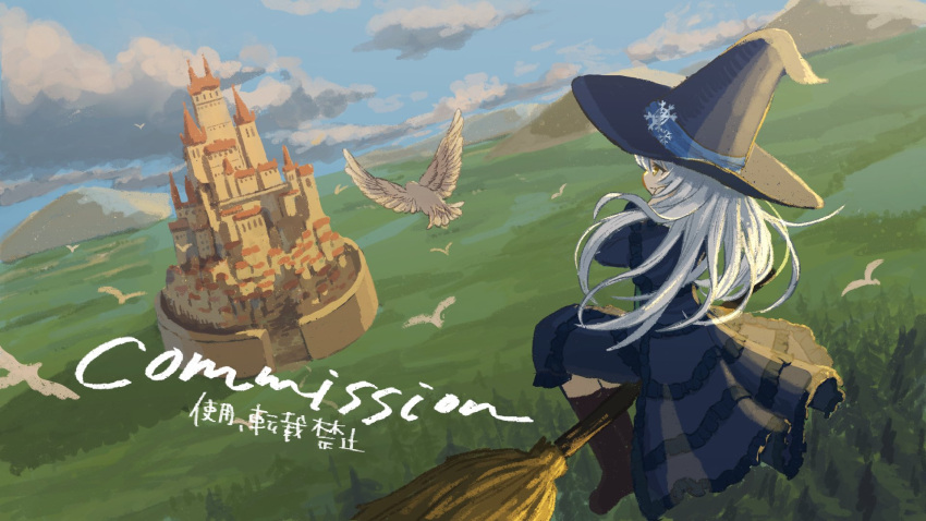 1girl bird blue_headwear blue_sky boots broom broom_riding castle city closed_mouth cloud cloudy_sky commission dress flying forest frilled_dress frills hair_ornament hat highres lake long_hair mountain nature nono_ilst original skeb_commission sky snowflake_hair_ornament water white_hair witch witch_hat yellow_eyes
