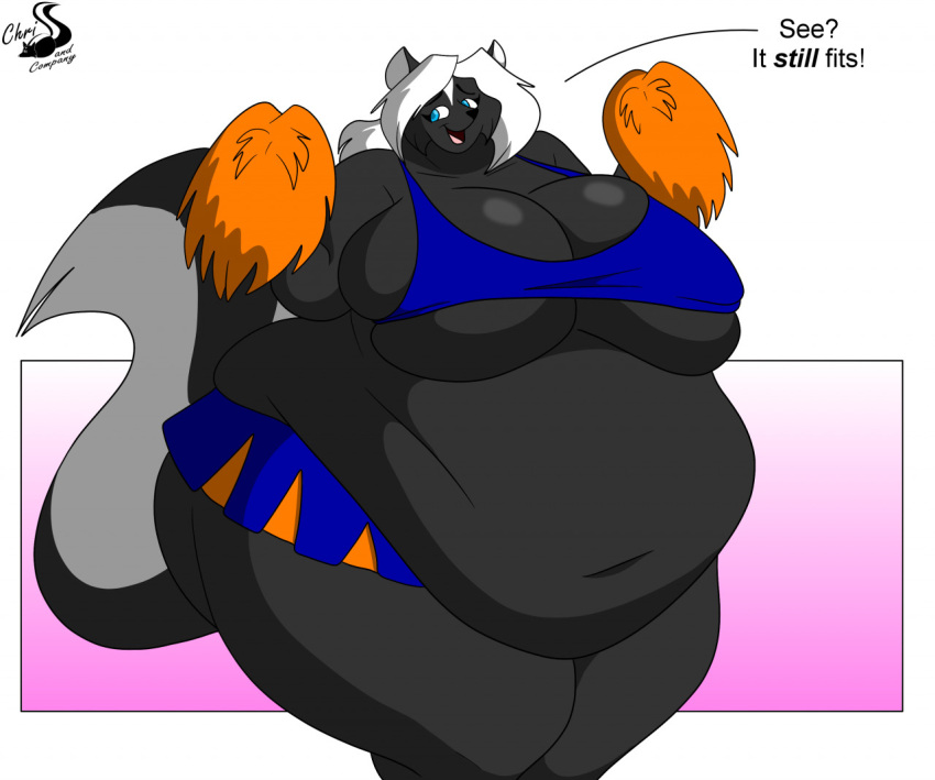 anthro breasts cheerleader cheerleader_outfit chrisandcompany female mammal mephitid overweight pom_poms skunk solo