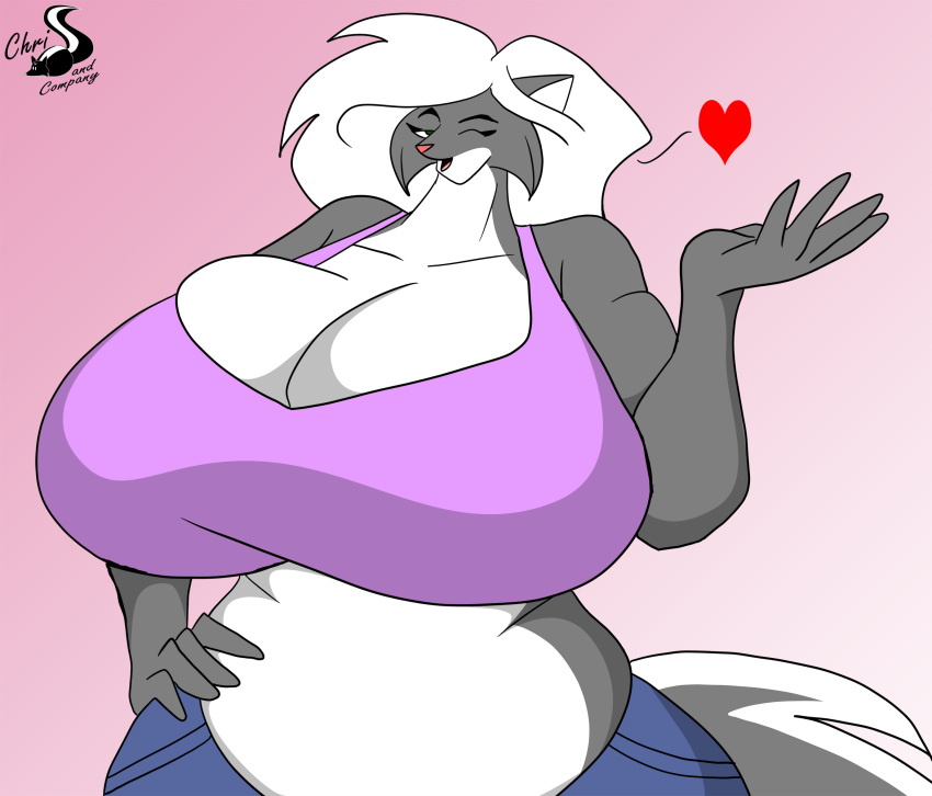&lt;3 anthro blowing_kiss breasts chrisandcompany cleavage clothed clothing female hi_res kelsey_sienna mammal mephitid one_eye_closed skunk solo wink