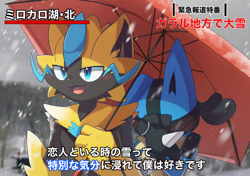 ambiguous_gender anthro black_body black_fur blue_body blue_eyes blue_fur blush canid canine covering covering_face dialogue digital_media_(artwork) duo embarrassed felid feline fur hand_spike hi_res holding_object holding_umbrella japanese_text legendary_pok&eacute;mon lucario mammal meme natadeko_kitsune nintendo one_ear_up open_mouth open_smile pok&eacute;mon pok&eacute;mon_(species) ring shaded smile snow snowing special_feeling text tongue translation_request umbrella video_games yellow_body yellow_fur zeraora