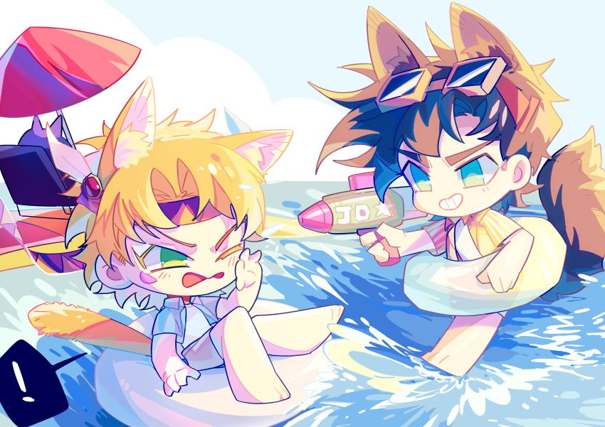 2boys absurdres animal_ears battle_tendency blonde_hair bow brown_hair caesar_anthonio_zeppeli cat_ears cat_tail chibi dog_ears dog_tail facial_mark feather_hair_ornament feathers fingerless_gloves gloves green_eyes hair_bow hair_ornament headband highres holding holding_water_gun innertube jacket jojo_no_kimyou_na_bouken joseph_joestar joseph_joestar_(young) kemonomimi_mode lisa_lisa male_focus multiple_boys pickieeeee scarf shirt splashing striped striped_scarf super_soaker t-shirt tail toy_gun triangle_print umbrella water_gun wince