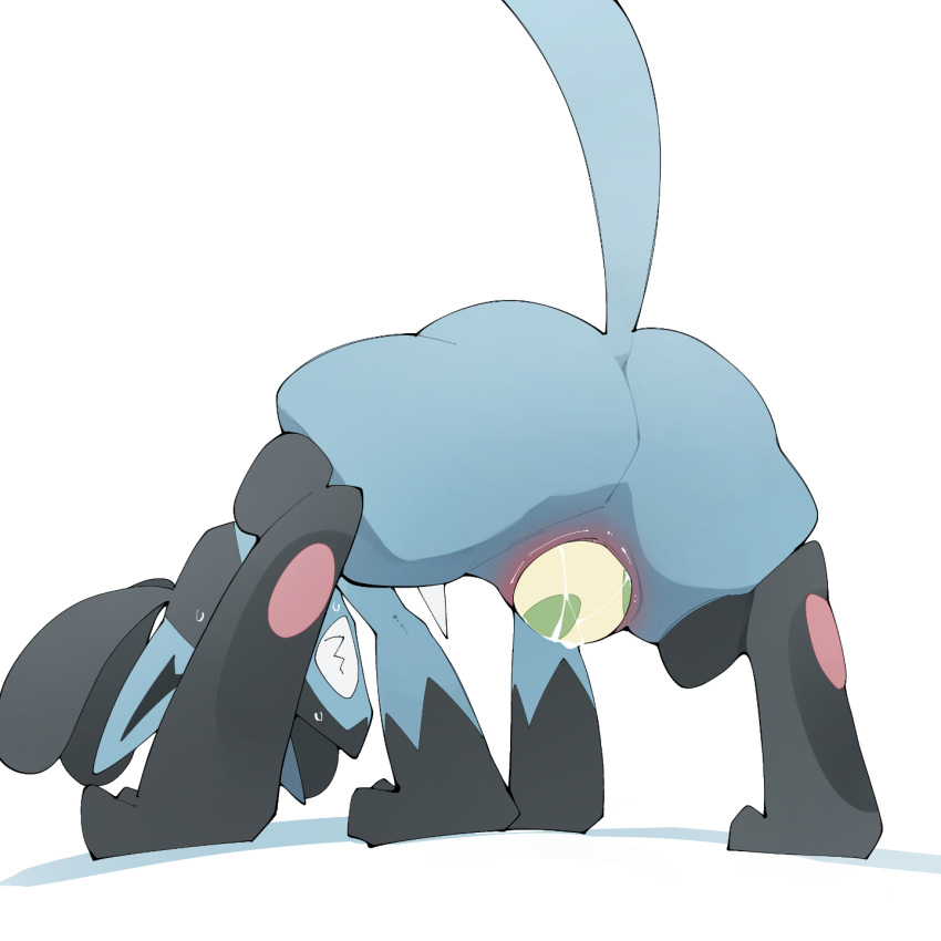 anthro biped black_body black_fur blue_body blue_fur bodily_fluids butt clenched_teeth egg egg_from_pussy female fur genital_fluids genitals hi_res lucario mammal multicolored_body multicolored_fur nintendo oviposition pawpads paws pok&eacute;mon pok&eacute;mon_(species) pussy raised_tail rear_view simple_background solo spread_legs spreading straining sweat teeth two_tone_body two_tone_fur video_games white_background youjomodoki