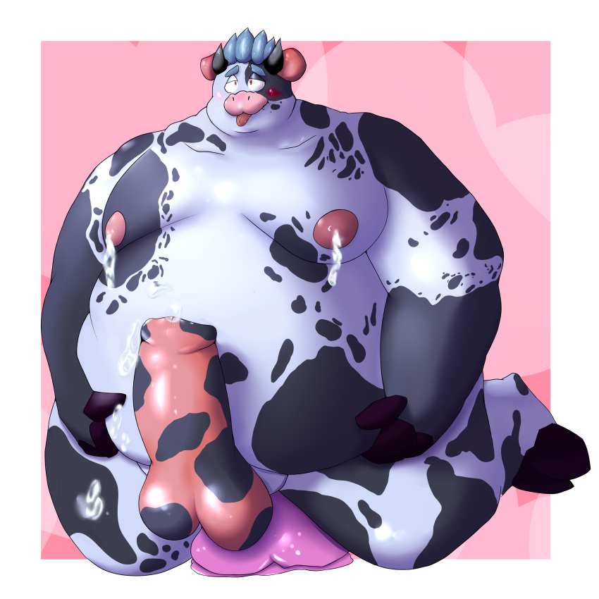 absurd_res anthro belly big_belly blush bovid bovine breasts dildo dildo_sitting ejaculation erection garowo genitals hair hi_res humanoid_hands love_handles male mammal moobs navel nipples nude obese obese_anthro obese_male overweight overweight_anthro overweight_male penetration penis sex_toy simple_background solo thick_thighs