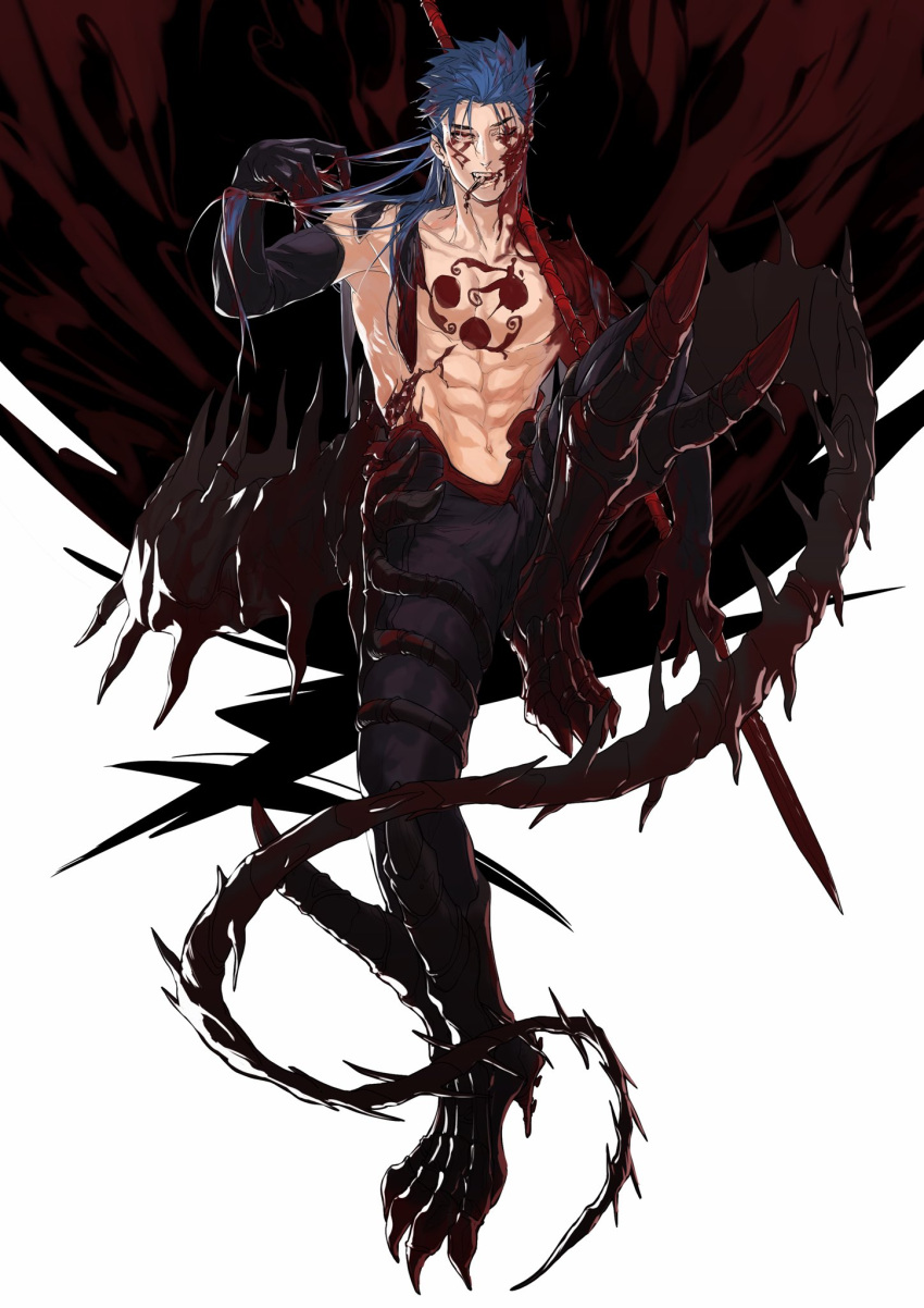 1boy abs black_gloves black_pants blood blood_in_hair blood_on_face blue_hair bodypaint claws cliff_(42961931) collarbone cu_chulainn_(fate) cu_chulainn_alter_(fate/grand_order) dark_persona earring_removed elbow_gloves facepaint fang fate/grand_order fate_(series) full_body gae_bolg_(fate) gloves highres injury knee_up long_hair looking_at_viewer male_focus monster_boy muscular muscular_male navel one_eye_closed pants red_eyes sharp_teeth simple_background skin_tight smile solo spiked_hair spikes tail teeth topless_male white_background