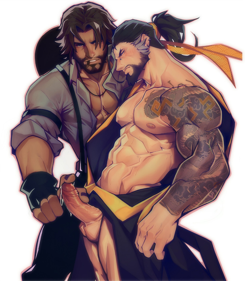 2boys abs arms aroused bangs bara bare_pectorals bare_shoulders beard black_hair breasts brown_hair bursting_pectorals cassidy_(overwatch) cleavage cum erection facial facial_hair fingerless_gloves from_side gloves hair hanzo_(overwatch) highres holo_eden japanese_clothes large_pectorals looking_at_penis mature_female multiple_boys muscular muscular_male navel nipples open_clothes open_shirt overwatch pectorals penis penis_grab penis_touching_tip_of_penis precum sash stomach tattoo tattoo_sleve testicles tied_hair yellow_sash