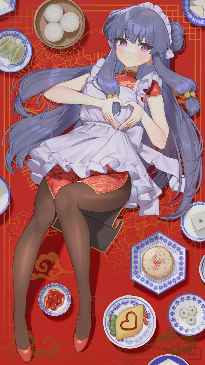 1girl absurdres apron china_dress chinese_clothes closed_mouth dress eyebrows_visible_through_hair food frilled_apron frills full_body hair_bun heart heart_hands highres knees_together_feet_apart knees_up long_hair lying maid_headdress mono_(mono_zzz) on_back pantyhose purple_eyes purple_hair ranma_1/2 shampoo_(cat) shampoo_(ranma_1/2) sidelocks solo