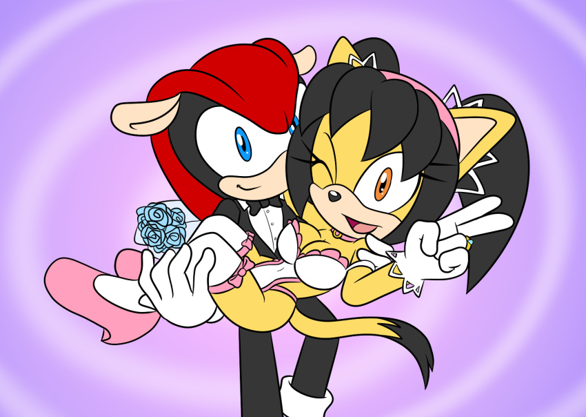 anthro armadillo big_breasts black_tie_(suit) breasts cleavage clothed clothing digit_ring domestic_cat duo felid feline felis female honey_the_cat jewelry lingerie male male/female mammal mighty_the_armadillo mobian_cat ring sega sonic_the_fighters sonic_the_hedgehog_(series) sonicguru suit wedding wedding_lingerie wedding_ring white_clothing white_lingerie xenarthran