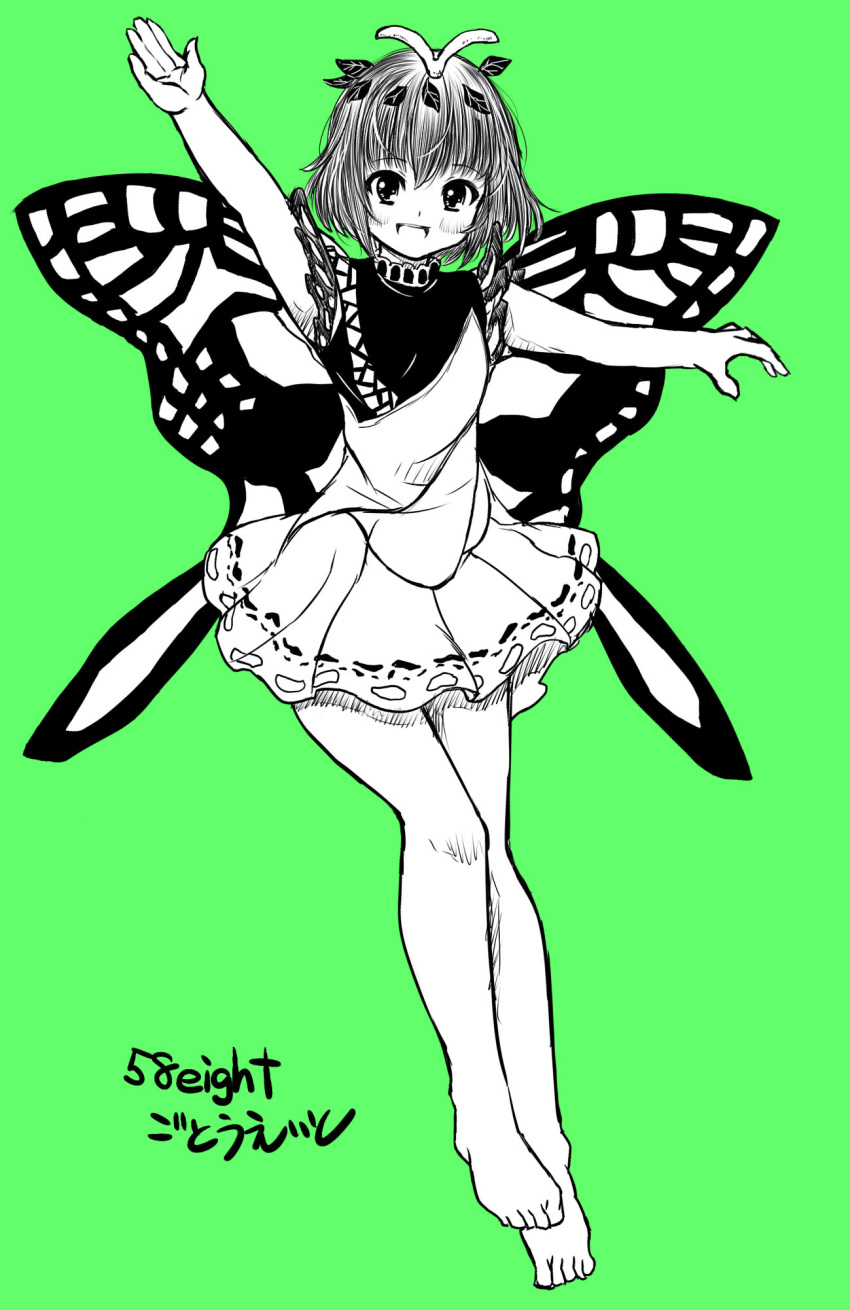 1girl antennae arm_up artist_name bad_anatomy bad_arm bad_perspective barefoot blush butterfly_wings dress eternity_larva eyebrows_visible_through_hair fairy full_body gotou_eight green_background hair_between_eyes highres leaf leaf_on_head monochrome multicolored_clothes multicolored_dress one-hour_drawing_challenge open_mouth short_hair short_sleeves simple_background single_strap smile solo touhou twitter_username wings